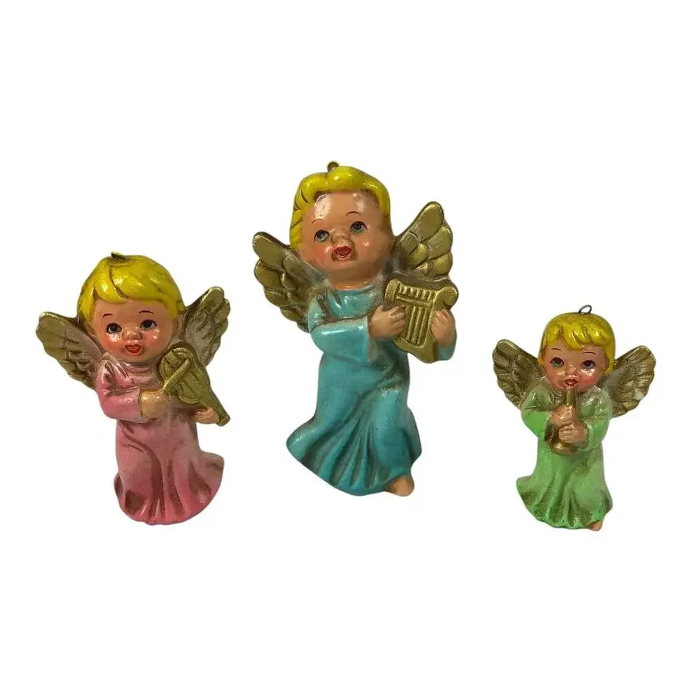 Vintage Star Plastics Angel Trio Christmas Ornaments Instruments Japan w/ Box